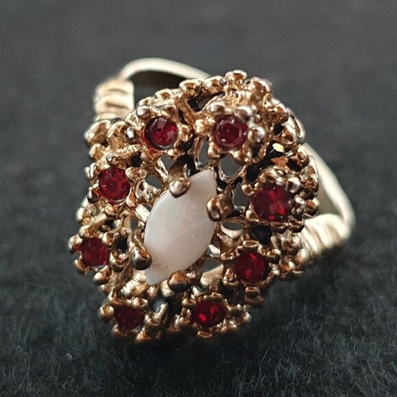 Stunning14K Gold Electroplated Genuine White Opal & Garnet Cocktail Ring - Picture 1 of 13